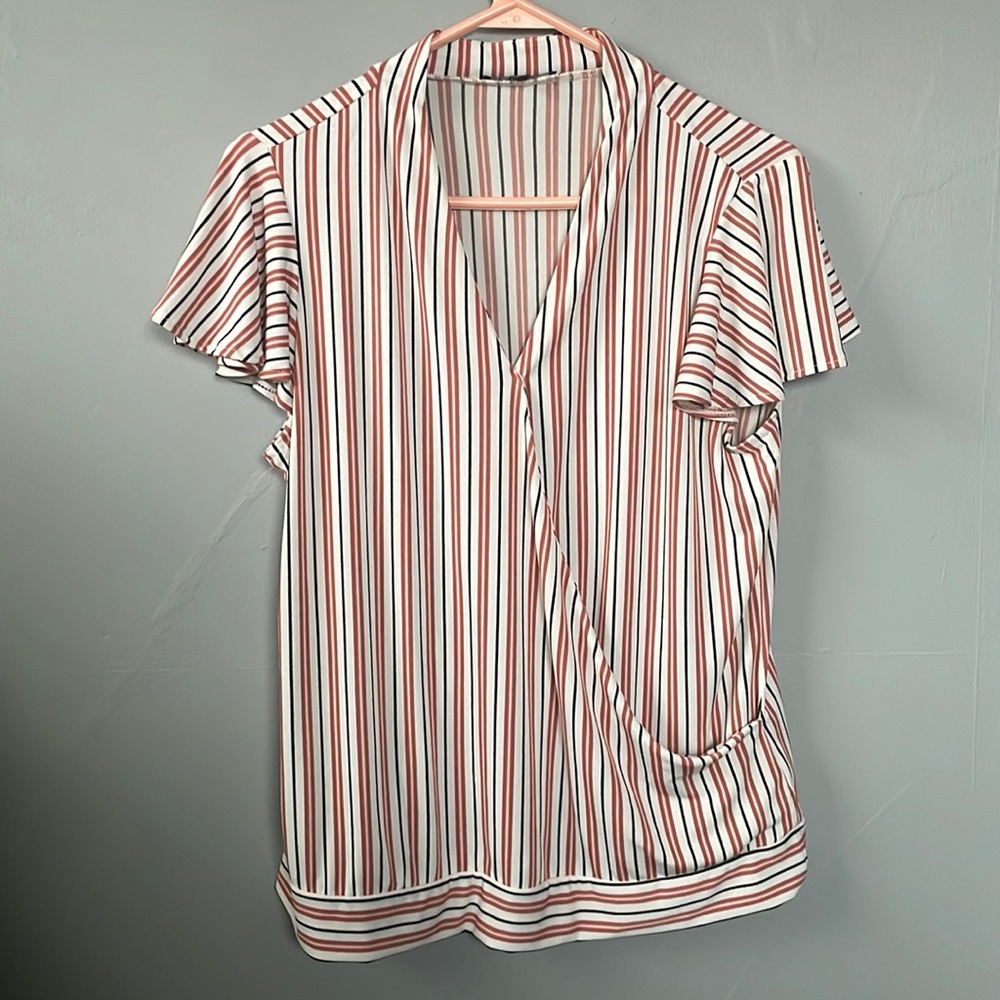 Adrianna Papell women’s medium striped faux wrap shirt career office old money